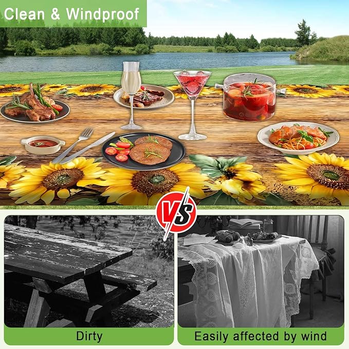 Picnic Table Cover with Bench Covers, Sunflower Wood Grain Pattern Elastic Edges, Waterproof Windproof Fitted Tablecloth, for Outdoor Camping Patio Garden, Includes Drawstring Bag, 72 in