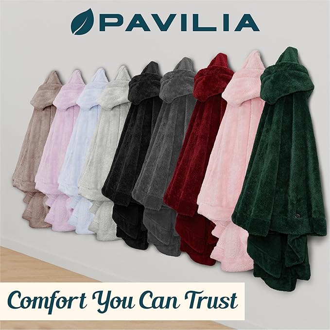 PAVILIA Angel Wrap Hooded Blanket Poncho, Wearable Blanket Throw Wrap Poncho for Women Adult, Cozy Fluffy Sherpa Fleece Shawl Cape with Hood pockets, Warm Gift for Mom Wife, Beige Taupe