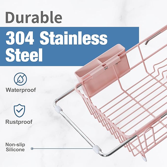 Dish Drying Rack in Sink, Pink Dish Dryer Racks Over Sink, Dishes Drainers for Kitchen Sink, Stainless Steel Plates Drying Rack with Utensil Holder & Cups Holder