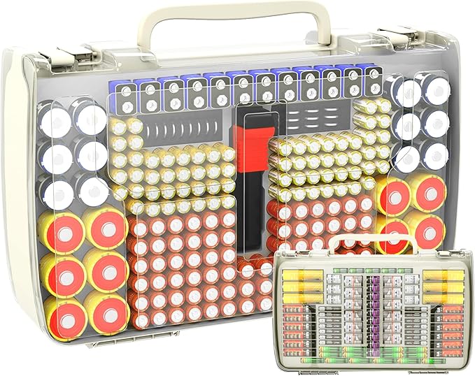 Battery Organizer Storage Holder Box Case with Tester- 269 Batteries Double-Sided Variety Pack, Holds AA AAA 4A C D Cell 9V 3V Lithium LR44 CR2 CR123 CR1632 18650 Button- White(Box Only)