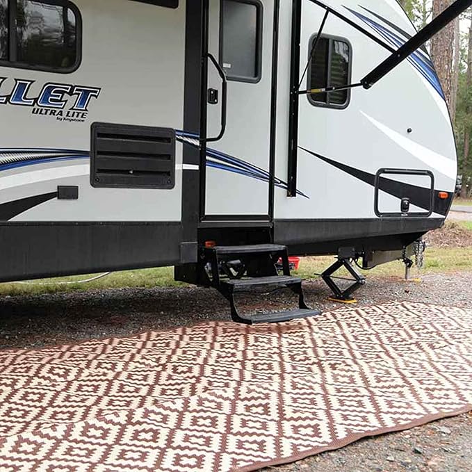 8x20 Brown & Tan RV Patio Mat with Carry Bag – Extra Thick 5mm Recycled Poly Rug – Heavy-Duty, Waterproof, Reversible – Premium Outdoor Mat for Campsite, Deck (8'x 20', Brown Diamond)