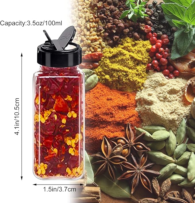 24 Pack 3.5 oz Square Plastic Spice Jars,Seasoning Containers with Black Screw Lids to Pour or Shake,Empty Storage Spice Containers for Spice,Powders,Peppers
