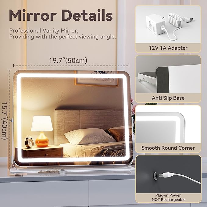 MINISO Vanity Mirror with Lights, 20" x 16" LED Makeup Mirror, Light & Brightness Adjustment, Smart Sensor, 360°Rotation, Aluminum Alloy Metal White Frame, with 10X Magnifying Glass