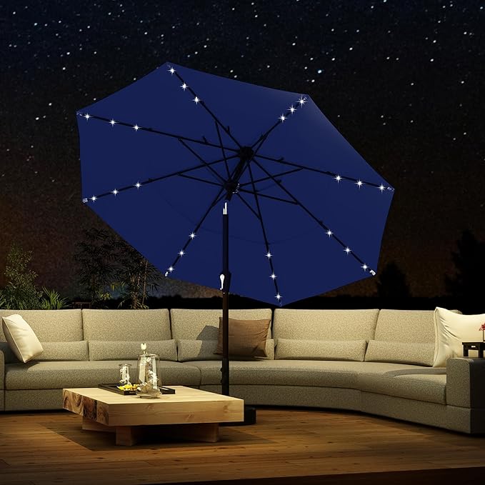 Kingdura 9ft 3-Tier Patio Umbrella with Solar Lights, Table Umbrella Outdoor Patio with Easy Crank & Tilt, 8 Sturdy Ribs, UV Protection, 32 LED Lights for Deck, Poolside, Market (Navy blue)