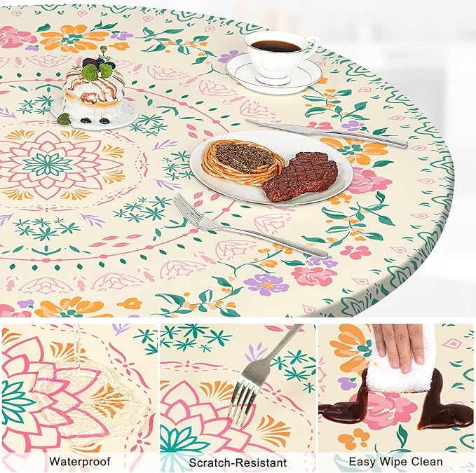 Round Tablecloth Fitted Elastic Table Cover Waterproof Table Cloth for Dinner, Party, Picnic,Camping, Round Table Cover for Indoor Outdoor