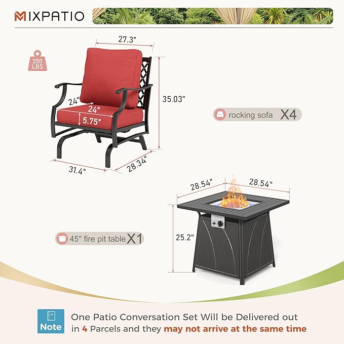 Patio Furniture Set with Fire Pit Table, 5 Pcs Metal Outdoor Conversation Set, 4 Rocking Chairs with 5.75" Extra Thick Cushion and 28" Fire Pit Table for Backyard Deck, Red