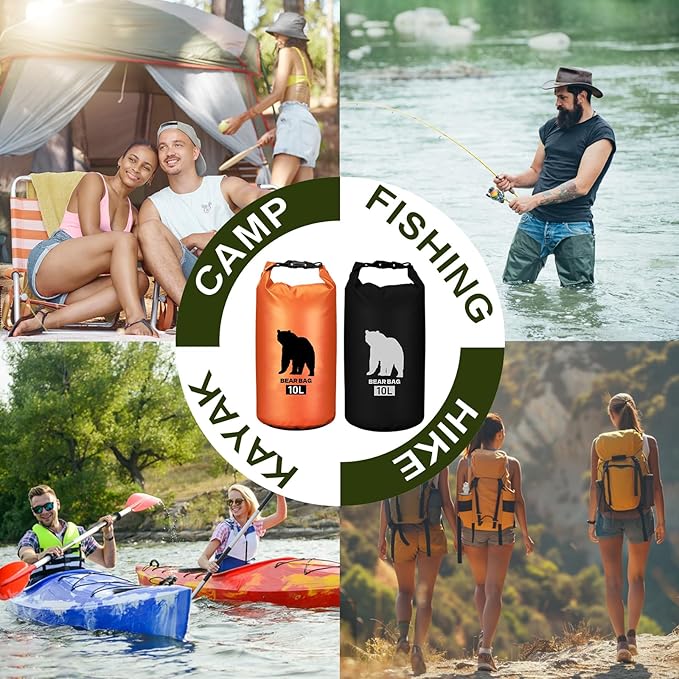 2 Pcs 10L Waterproof Bear Bags with 4 Nylon Ropes, 4 Clips & 2 Rock Pockets & 2 Small Warning Bells for Hanging Food securely. Ultralight Camping Food Bag System.