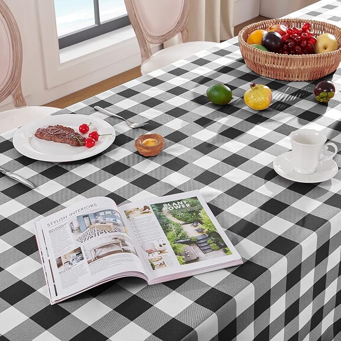 Softalker Gingham Checkered Rectangle Tablecloth - Waterproof Buffalo Plaid Table Cloth Stain Resistant Washable Table Cover for Picnic/Camping/Outdoor - Black and White, 60 x 84 Inch