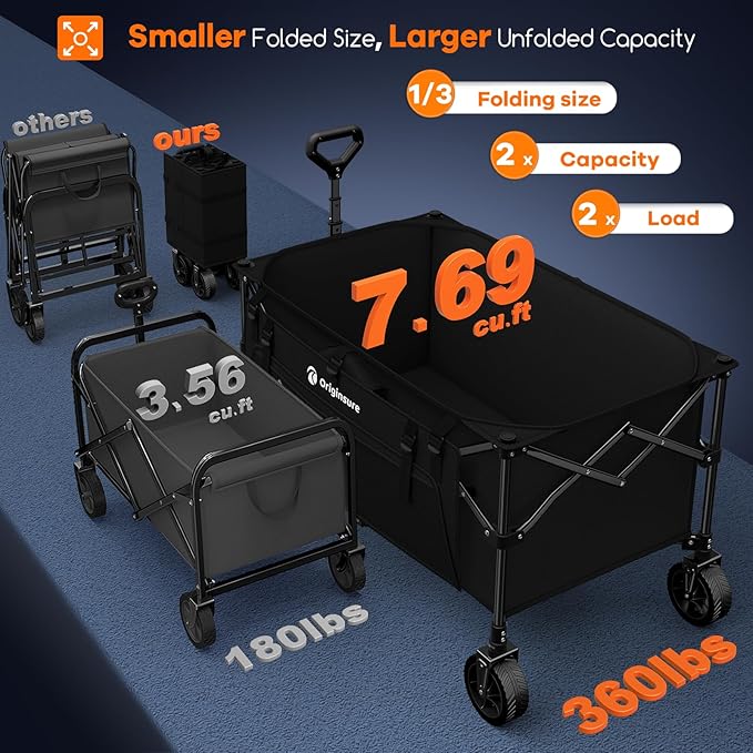 38" L Collapsible Wagon Cart Foldable, 360LB Load Capacity 220L Heavy Duty Folding Beach Wagons with All-Terrain Wheels, Utility Carts for Camping, Sports, Shopping, Groceries - Black