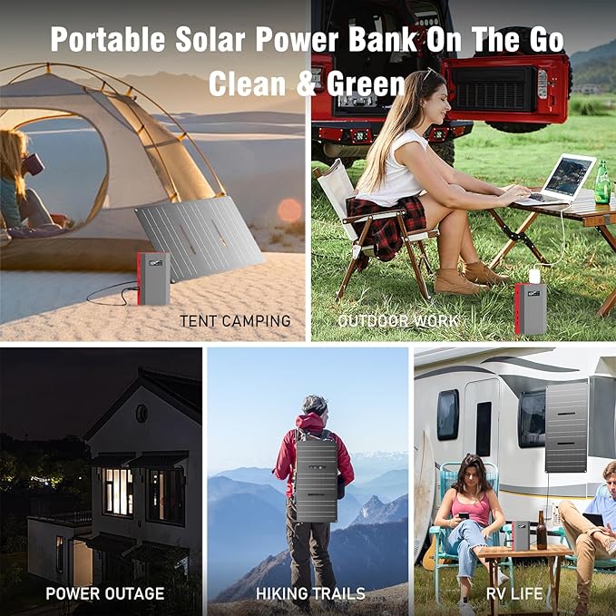 ZeroKor Portable Power Bank with AC Outlet 65W 110V External Battery Pack, 24000mAh Portable Laptop Charger with 30W Foldable Solar Panel Charger for Outdoor Smart Device Camping RV Trip Off Grid-Red