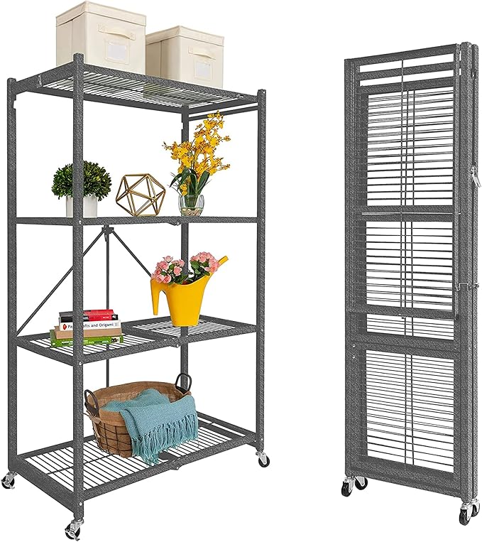 Origami 2-Pack R5 Series Foldable 4-Tier Steel Storage Rack, Pewter – Heavy-Duty Metal Shelving Unit w/ Removable Wheels for Laundry Room or Garage – Rolling Organizer for Home, Office & Warehouse