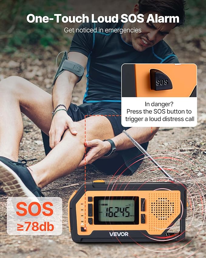 VEVOR Emergency Weather Radio, 2000mAh Battery, FM/AM/WB/NOAA Alert Solar Hand Crank Emergency Radio, with USB Charging Cable, SOS Alarm and Flashlight, Portable for Outdoor Emergencies, Camping