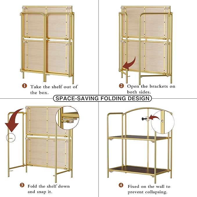 Crofy No Assembly Folding Bookshelf for Living Room, 2 Tier Gold Collapsible Book Shelf for Home Office, Portable Bookcase Storage Organizer