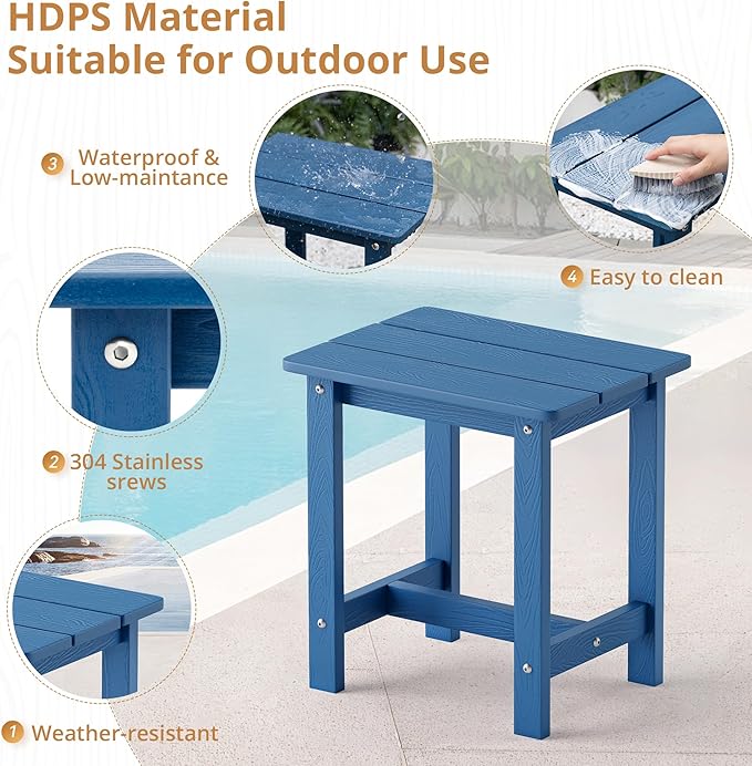 LUE BONA Outdoor Side Table Set of 2, HDPS Small Outdoor Table, Adirondack Side Table,Outside End Table for Patio, Porch, Deck, Weather Resistant/Easy Maintenance/Indoor or Outside Use, Navy Blue