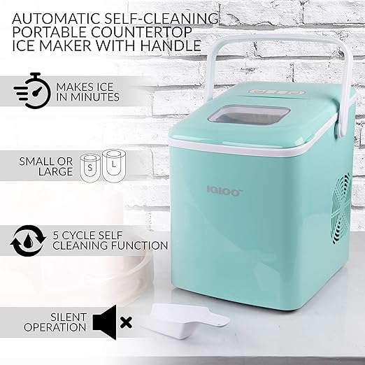 Igloo ICEB26HNAQ Automatic Self-Cleaning Portable Electric Countertop Ice Maker Machine With Handle, 26 Pounds in 24 Hours, 9 Ice Cubes Ready in 7 minutes, With Ice Scoop and Basket, Aqua