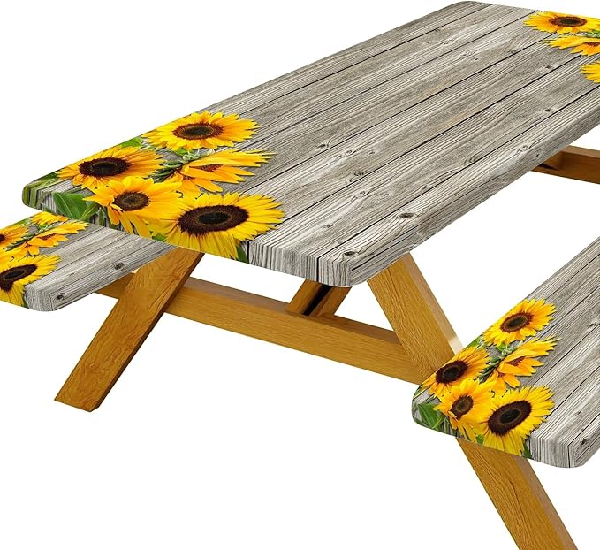DYNH 3 Pcs Sunflower Wooden Picnic Table Cover with Bench Covers,Rustic Sunflower Waterproof Fitted Picnic Table Cloths Retro Wood Texture Elastic Outdoor Picnic Tablecloth for Camping Patio Travel
