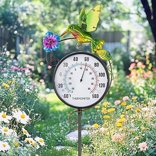 Hummingbird Indoor Outdoor Thermometer, Large Digital Metal Garden Stake Outside Thermometer Waterproof Decorative for Patio, Lawn, Room, No Battery Required