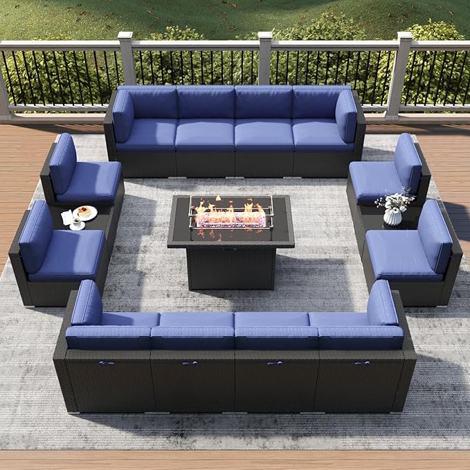 LayinSun 15 Piece Patio Furniture Set with Fire Pit Table, Outdoor Conversation Sets Wicker Rattan Sectional Sofa with Coffee Table