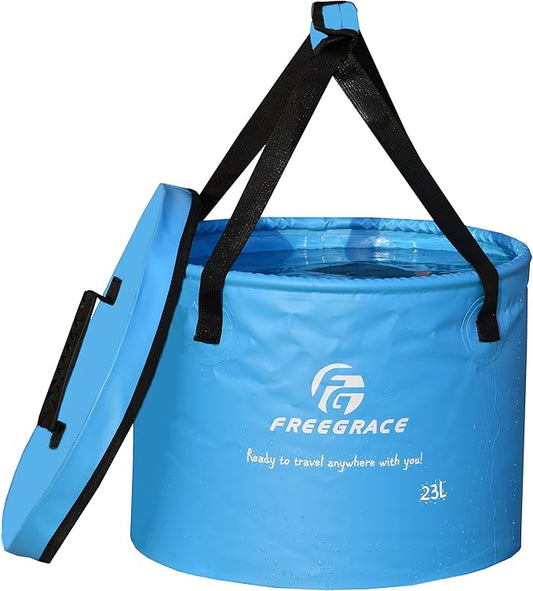 Premium Collapsible Bucket by Freegrace - Compact Portable Folding Water Container - Lightweight & Durable - Includes Handy Tool Mesh Pocket
