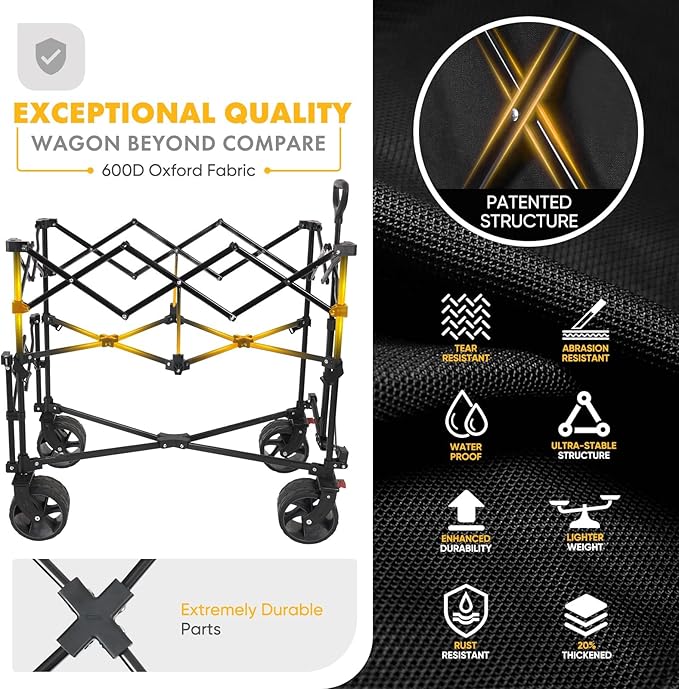400L Large Capacity Folding Double Decker Wagon with Brakes, 50" Extra Long Extender Cart, 500lbs Heavy Duty Collapsible Wagons, All-Terrain Big Wheels for Camping, Sports, Shopping. Black