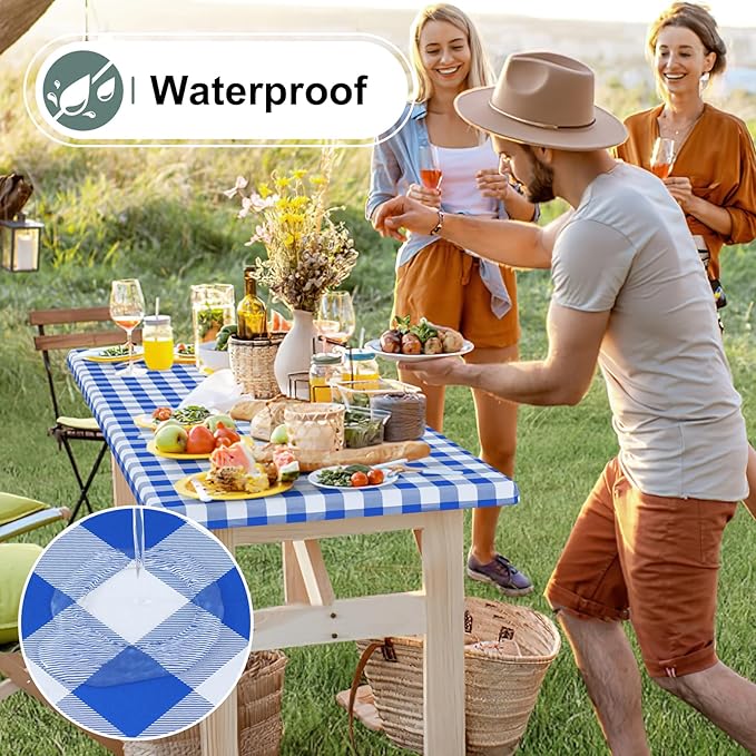 misaya Buffalo Rectangle Picnic Tablecloth, 8 Foot Elastic Fitted Vinyl Table Cloth with Flannel Backing, Waterproof Plaid Table Covers for Dining, Camping, Outdoor (Blue and White, 30" x 96")