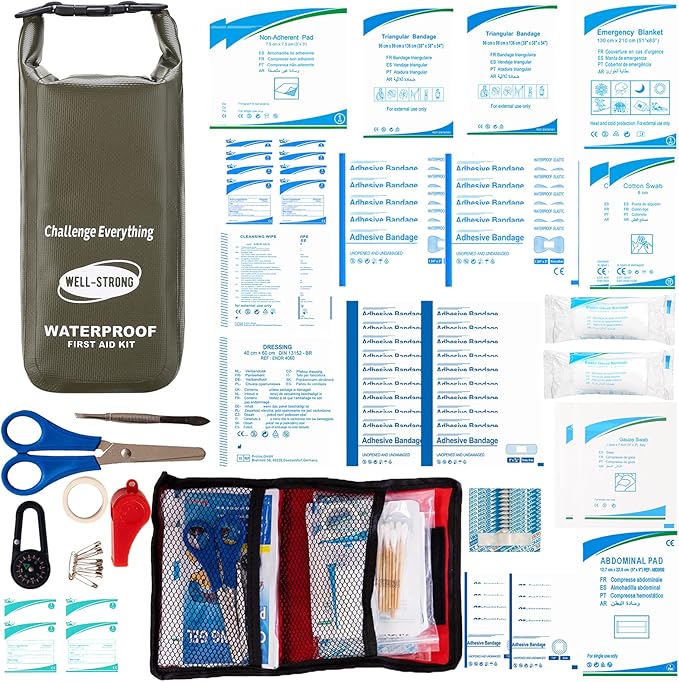 Waterproof First Aid Kit Roll Top Boat Emergency Kit with Waterproof Contents for Fishing Kayaking Boating Swimming Camping Rafting Beach Green