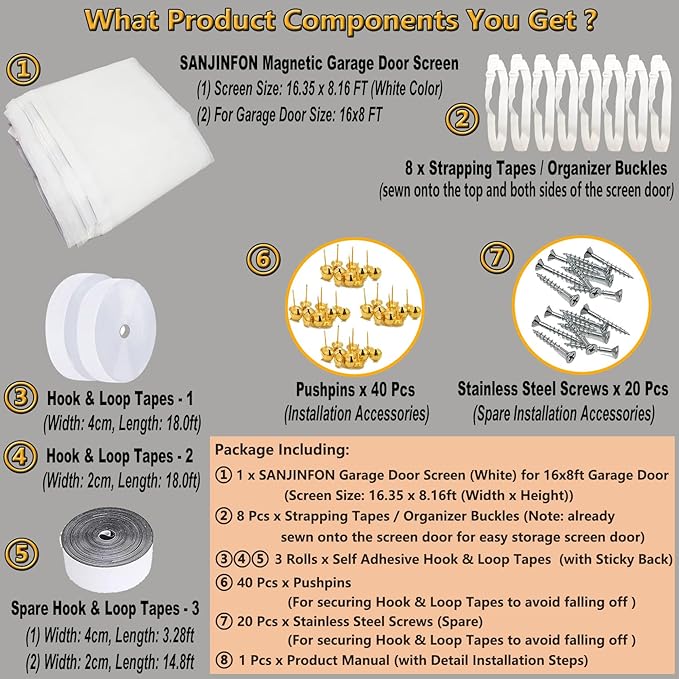 Magnetic Garage Door Screen Kit 16x8 FT White - Retractable Mesh Net Screen Door with Fiberglass Mesh for 2 Car Garage 16x8ft, Blocks Bugs & Provides Privacy - Perfect for Workshop Gym Patio