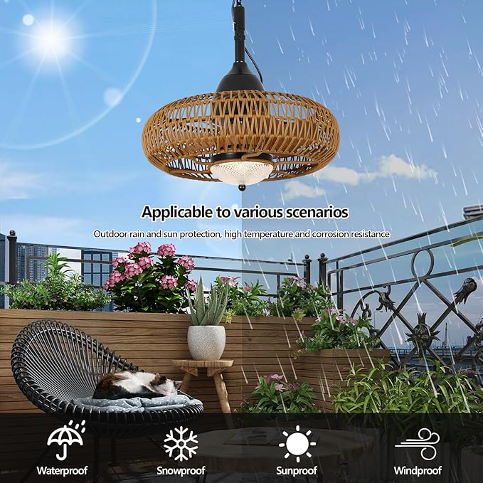 Airposta Waterproof Outdoor Ceiling Fan with Lights Remote Control, Wet Rated Gazebo Fan with 3 Color Temperatures&Dimmable LED Light, Boho Rattan Plug in Ceiling Fan for Indoor Bedroom/Outdoor Patios