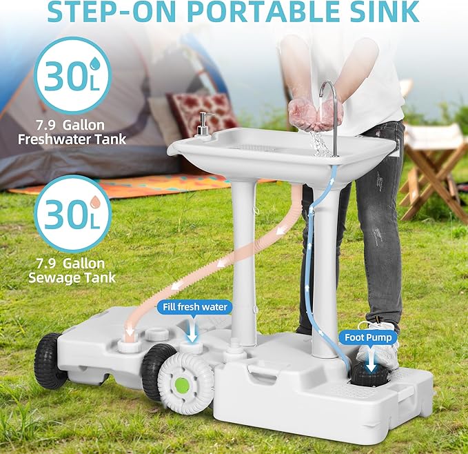 YITAMOTOR 30L Portable Camping Sink, Portable Hand Washing Station 30L Sewage Tank with Large Wheels, Foot Pump, Towel Holder, Soap Dispenser for Outdoors, Garden, Camping, Worksites, Camping Events