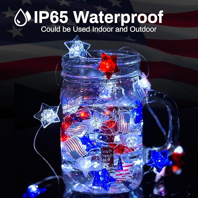 4th of July Decorations String Lights with Remote 2Pack, 16FT Red White Blue Patriotic Lights with 50LED Flag Stars, USB & Battery Powered Fairy Light for Patriotic Memorial Day Independence Day Decor