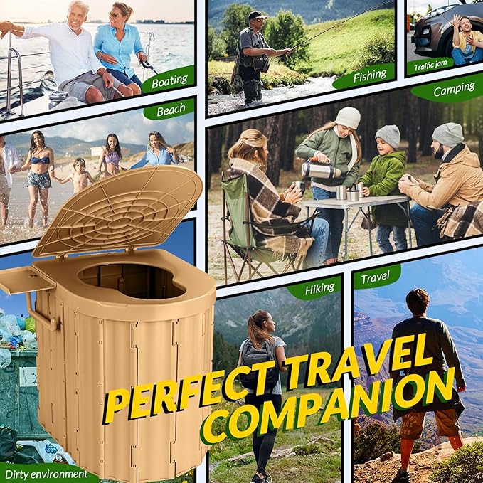 Portable Toilet, Upgraded 15'' Camping Toilet for Adults with Lid, Folding Toilet with Removable Paper Holder, Travel Portable Potty for Camping, Hiking, Roadtrip, Tent, Truck Drivers