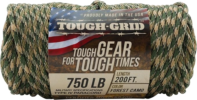 TOUGH-GRID Paracord Rope 750 lbs Nylon Parachute Cord, Made in USA Survival Kit, Outdoor Adventures, Camping, Tactical Gear & Emergency Supplies, Military Type IV Mil-Spec