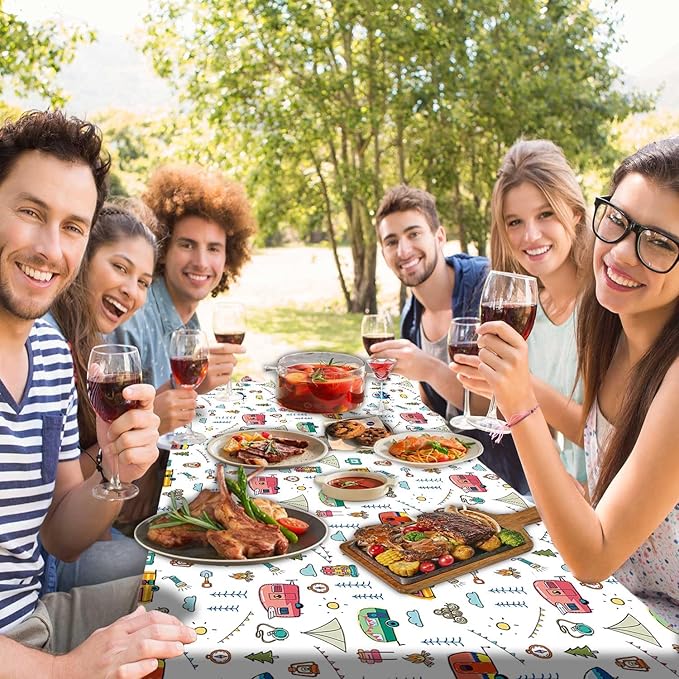 Picnic Table Cover with Bench Covers, Colorful Cartoon Camping Icons Elastic Edges, Waterproof Windproof Fitted Tablecloth, for Outdoor Camping Patio Garden, Includes Drawstring Bag, 72 in