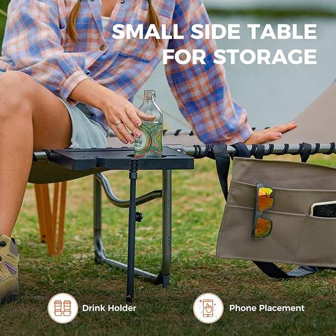 KingCamp Folding Chaise Lounge Chair for Outside Beach, Sunbathing, Patio, Pool, Lawn, Deck, Lay Flat Camping Reclining Lounge Chair with Pillow & Side Table （1 Pack, Beige）