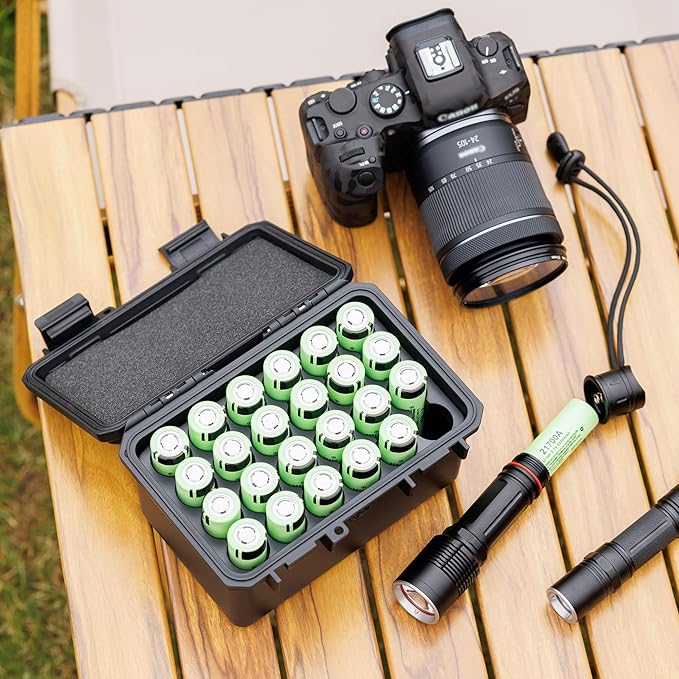 JJC 24 Slots 21700/20700 Battery Case Holder, IP67 Water-Resistant & Shockproof Battery Storage Organizer Box for 21700 or 20700 Battery with Customized Holder, EVA Interior and Pressure Valve