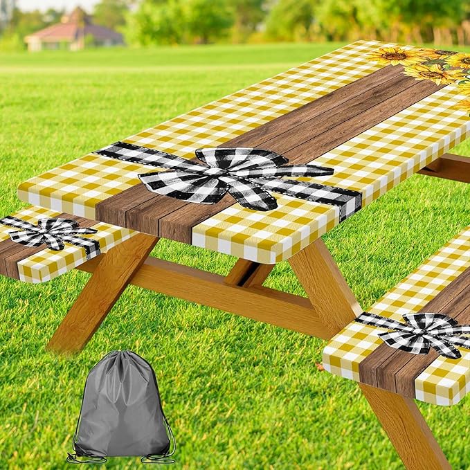 Picnic Table Cover with Bench Covers, Sunflower Buffalo Plaid Farmhouse Wood Waterproof Elastic Fitted Tablecloths Outdoor Camping Essentials, with Drawstring Bag, 96in, Yellow