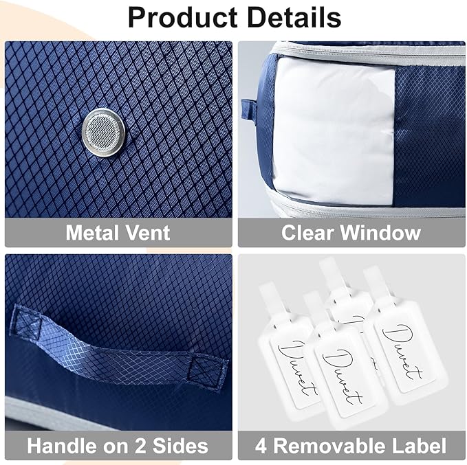 Comforter Storage Bag - Large Capacity Blanket Storage Bags 3-Layer Ultra Space Saving Self Compression Organizer, Washable Compression Bags for Storage Comforter Blanket, 4-Pack, Navy Blue