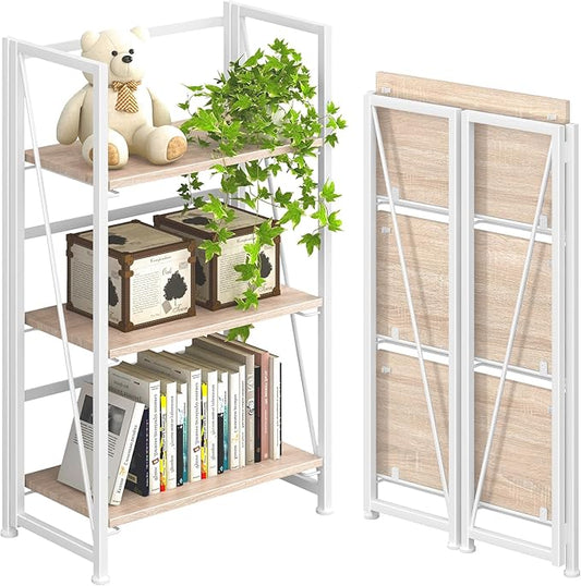 4NM No-Assembly Folding Bookshelf Storage Shelves 3 Tiers Vintage Bookcase Standing Racks Study Organizer Home Office (Natural White)