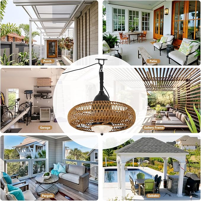 Airposta Waterproof Outdoor Ceiling Fan with Lights Remote Control, Wet Rated Gazebo Fan with 3 Color Temperatures&Dimmable LED Light, Boho Rattan Plug in Ceiling Fan for Indoor Bedroom/Outdoor Patios