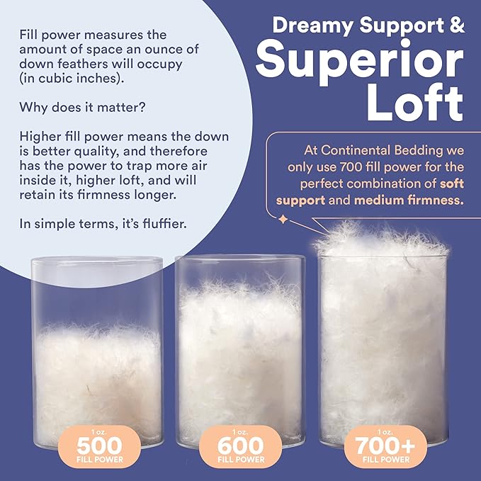 Continental Bedding | Serenity Goose Down Pillow | 700 Fill Power Hungarian White Down | 400TC Cotton Damask Shell | Made in USA | Medium, Queen (Pack of 2), 2 Count