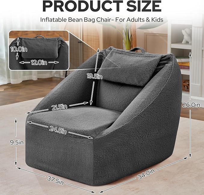 HABUTWAY Inflatable Bean Bag Chairs for Adult Blow up Chair Portable Inflatable Bean Bag Couch w/Electric Air Pump,Handle & Side Pocket for Movie Night Reading Gaming Living Room - Dark Grey