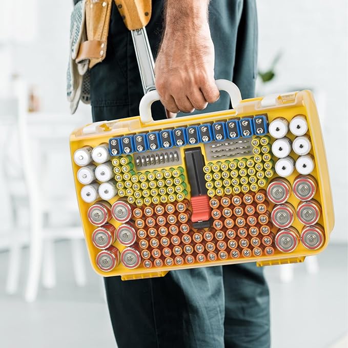 Battery Organizer Storage Holder Case with Double-Sided, Garage Box with Tester Checker. Batteries Container for 269pcs AA AAA AAAA 3A 4A 9V C D Lithium 4LR44 CR2 CR123A CR1632 CR2032 18650 - Yellow