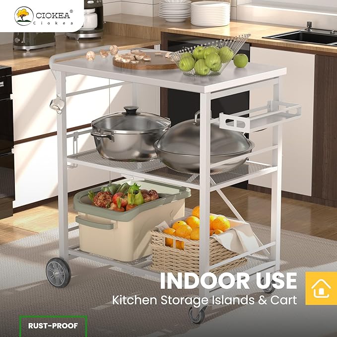 Folding Grill Cart, Metal Pizza Oven Stand Table with 2 Total Lock Casters,3 Shelf Foldable Kitchen Island Cart,Stainless Steel Outdoor Rolling Cart with Wheels for Home Party, Bar, Camping（White）