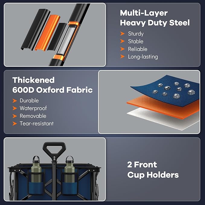 220L Collapsible Wagon Cart Foldable, 460LB Load Capacity Heavy Duty Folding Beach Wagons with Big All-Terrain Wheels, Utility Carts for Groceries, Shopping, Camping, Sports - Blue