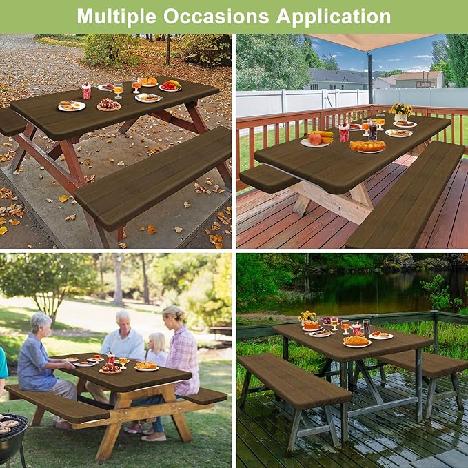 Picnic Table Cover with Bench Covers Camping Essentials Waterproof Windproof Camping Tablecloth with Drawstring Bag, Fitted Rectangle Tables and Seats, 60in, Dark Brown