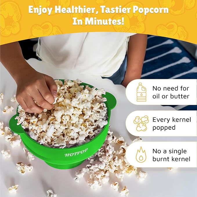 POPCO Silicone Popcorn Popper - Collapsible Microwave Popcorn Maker - Air Popper Pop Corn Bowl with Handles and Lid - Dishwasher Safe - Large 15 Cup Capacity - (Green)