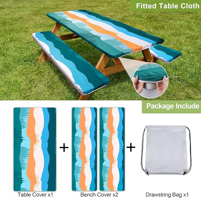 Picnic Table Cover with Bench Covers Camping Essentials Waterproof Windproof Camping Tablecloth with Drawstring Bag, Fitted Rectangle Tables and Seats, 72in, Orange Blue