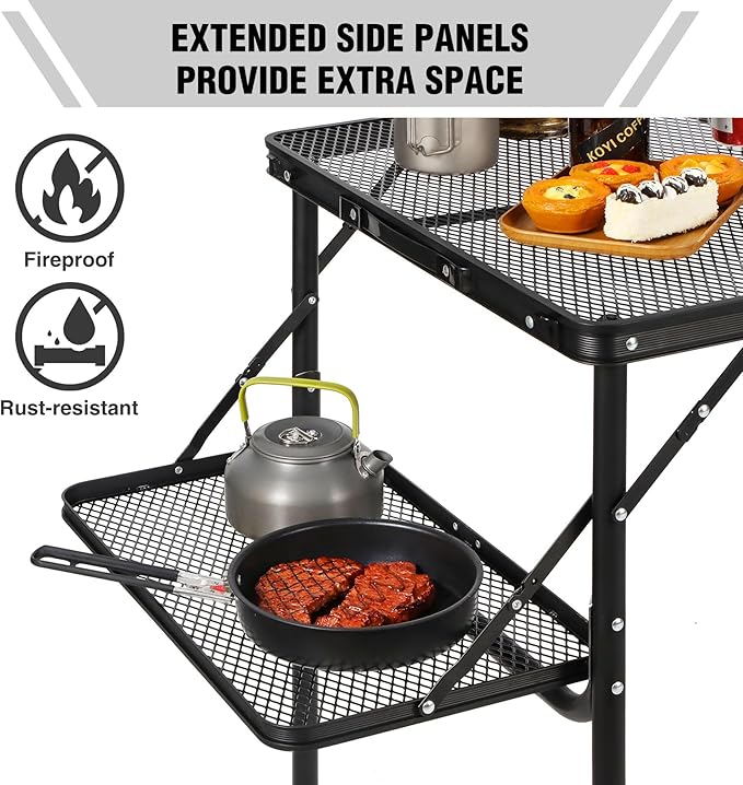 RedSwing Folding Grill Table with Extension Space, Adjustable Height Portable Large Stand Camp Table for Outdoor Indoor Camping Picnic BBQ, Black with Side Panels
