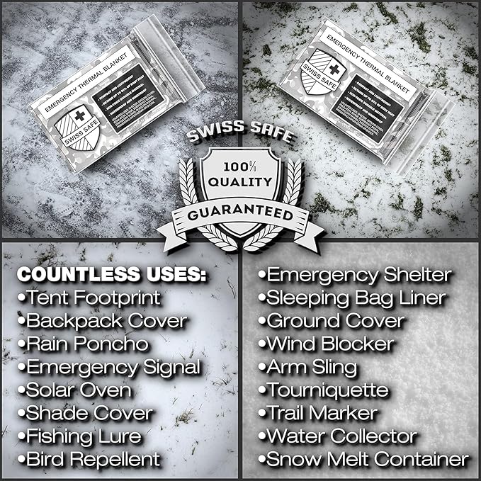 Swiss Safe 4 Pack Mylar Emergency Blankets for Survival - Compact & Insulated for Cold Weather - Designed for NASA, Outdoor, Running, Camping, Survival, First Aid Car Kit - Camouflage, 4 Pack