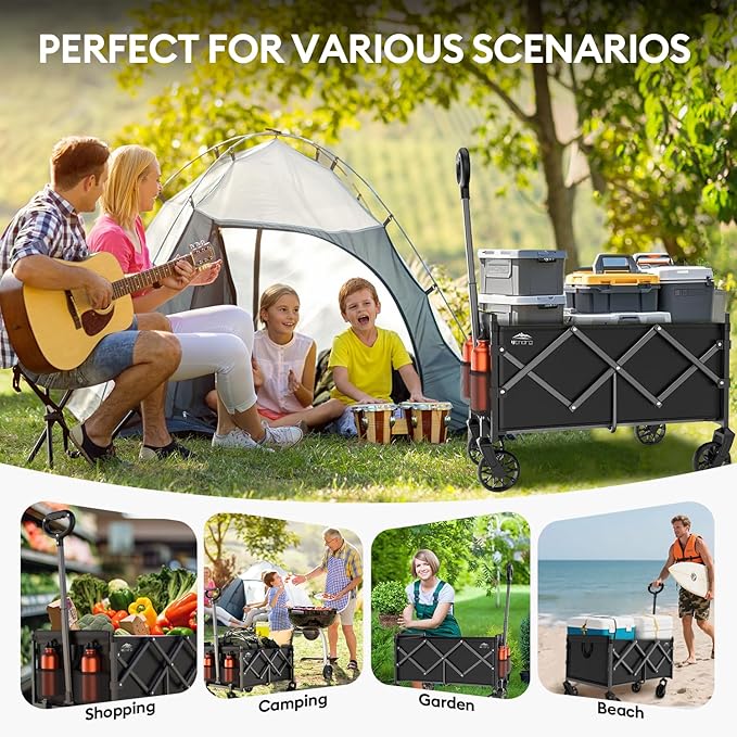Collapsible Wagons Carts Foldable - Portable Heavy Duty Folding Beach Wagons Cart with Wheels - 360lbs Weight Capacity Outdoor Utility Wagon Cart for Grocery Shopping Camping Sports Garden